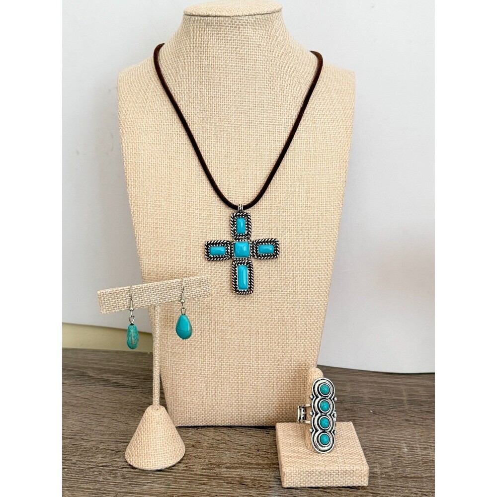 Southwestern Faux Turquoise Cross Necklace Earrings Stretch Ring Jewelry Set